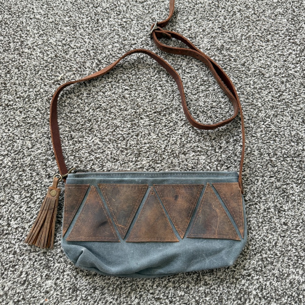 In Blue Handmade Waxed Canvas & Leather Crossbody Bag Blue Gray